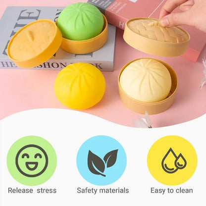 Colorful Dumpling Squishes Stress Balls Fidget Sensory Toys Simulation Food Squishies Bun with Steamer Squeeze Dough Ball Gifts