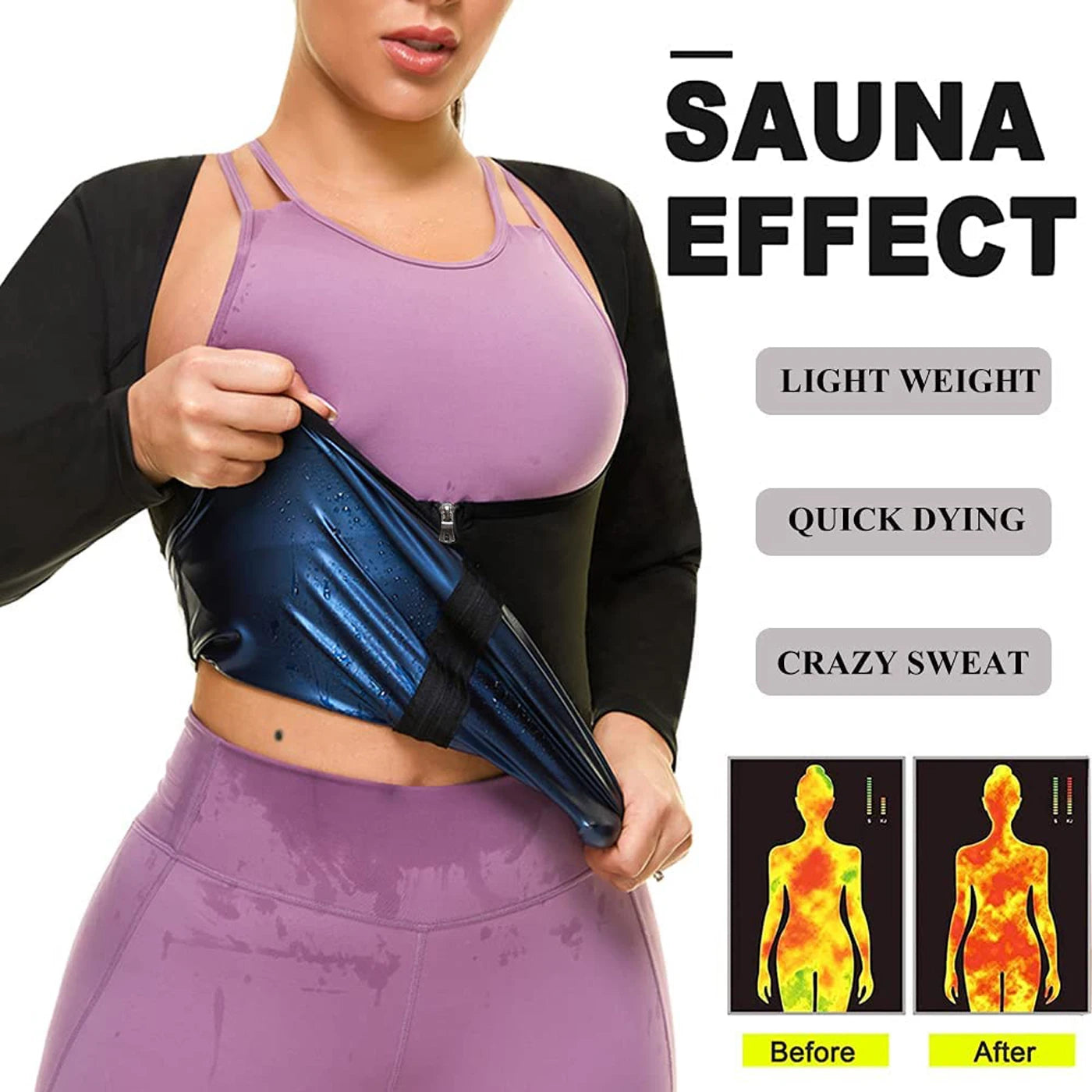 Vigorix Sauna Suit for Women Sweat Body Shaper Hot Waist Trainer Long Sleeve Zipper Shirt Workout Top