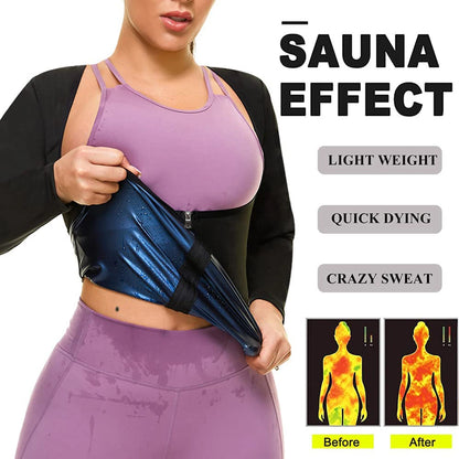 Vigorix Sauna Suit for Women Sweat Body Shaper Hot Waist Trainer Long Sleeve Zipper Shirt Workout Top