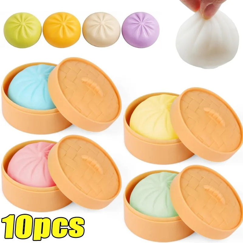 Colorful Dumpling Squishes Stress Balls Fidget Sensory Toys Simulation Food Squishies Bun with Steamer Squeeze Dough Ball Gifts